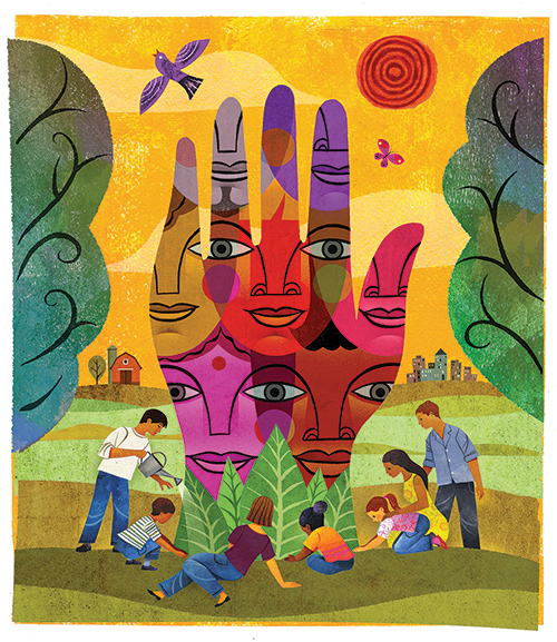 Illustración por Rafael Lopez. Una comunidad intergeneracional reunida cuidando un jardín, con una silueta de mano en el fondo que contiene diferentes rostros. 